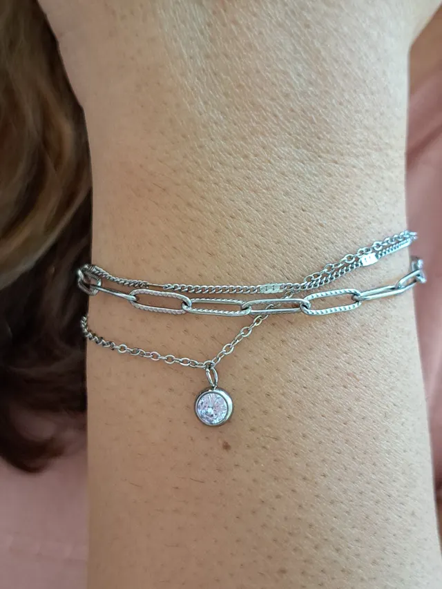 Foto de pulseira, trio aço inox com ponto luz Foto de pulseira, trio aço inox com ponto luz
